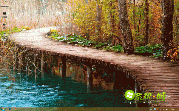 湖岸木桥秋景win7系统主题